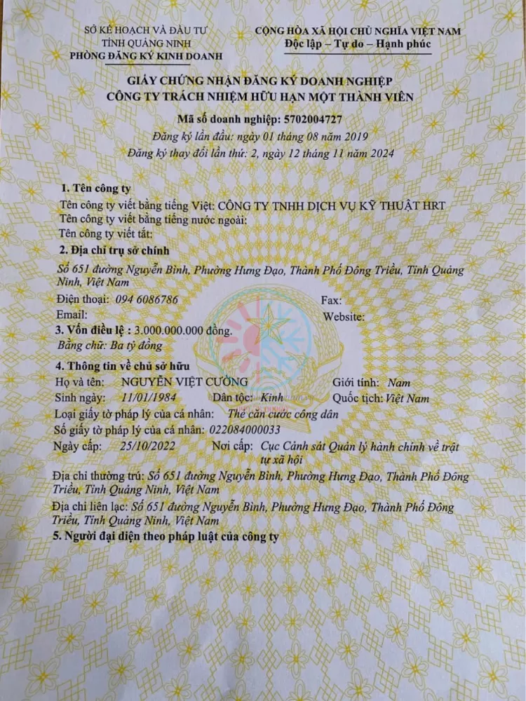 Đăng Ký Kinh Doanh 5702004727 - Công Ty TNHH Dịch Vụ Kỹ Thuật HRT