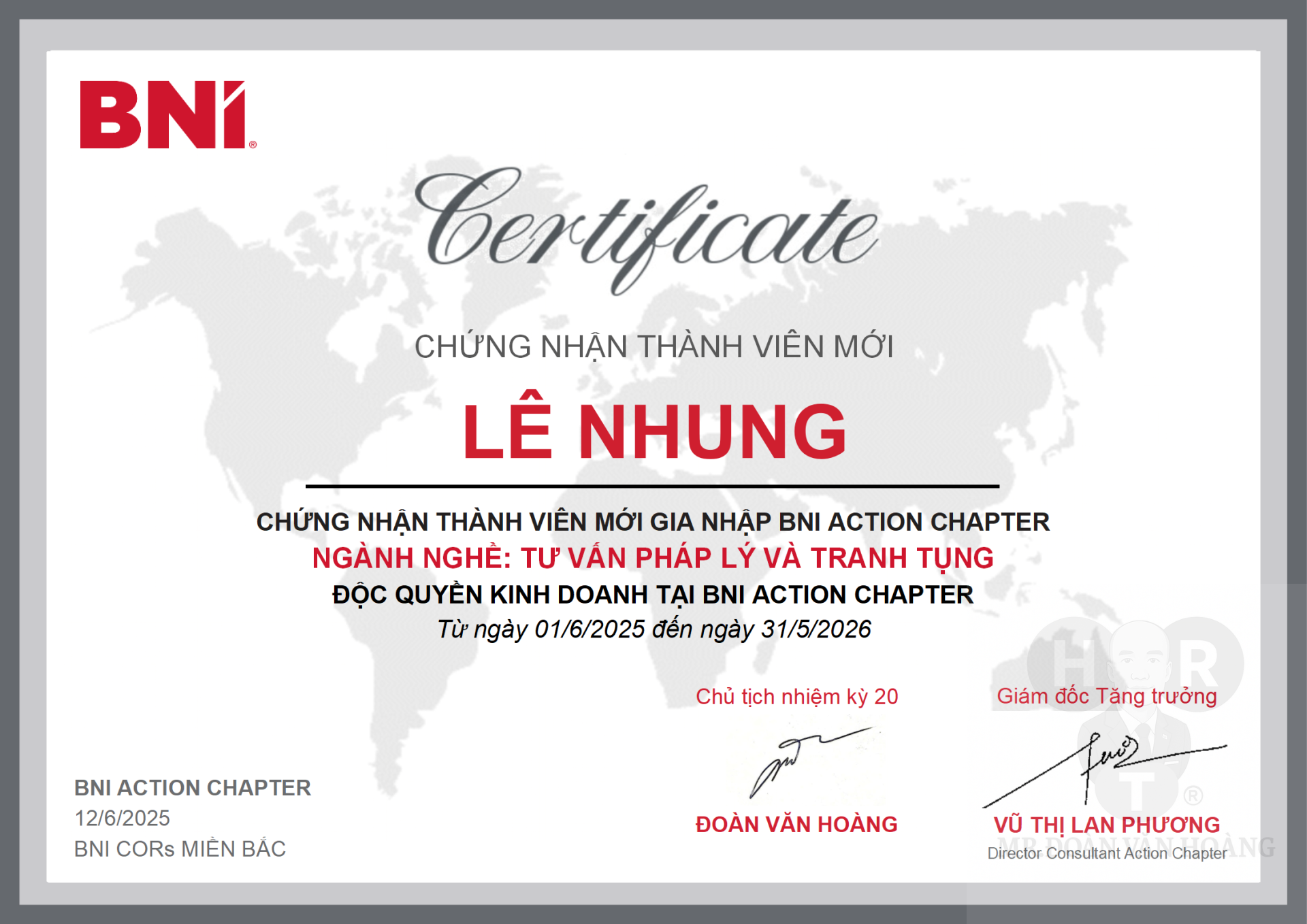 CHỨNG NHẬN THÀNH VIÊN MỚI GIA NHẬP BNI ACTION CHAPTER - Lê Nhung