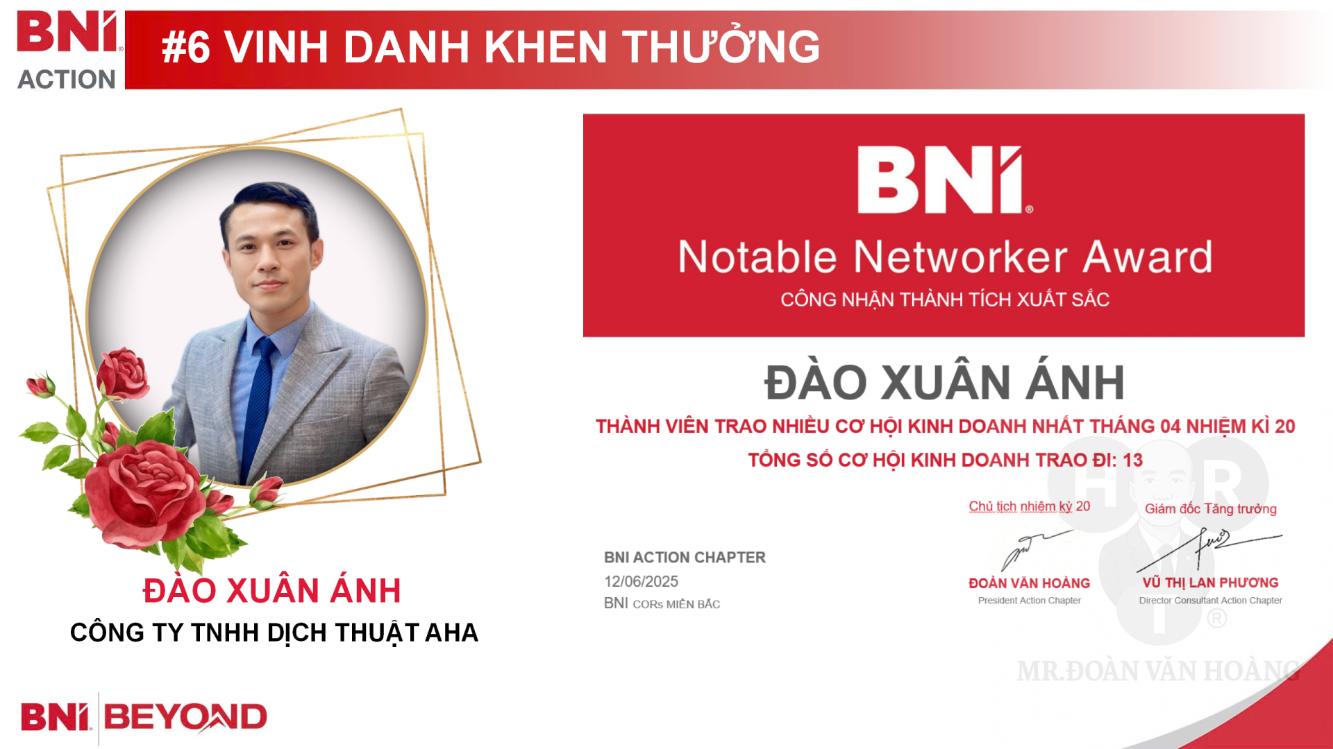BNI Action Chapter xin trân trọng vinh danh anh ĐÀO XUÂN ÁNH – Công ty TNHH Dịch Thuật AHA, với thành tích xuất sắc: