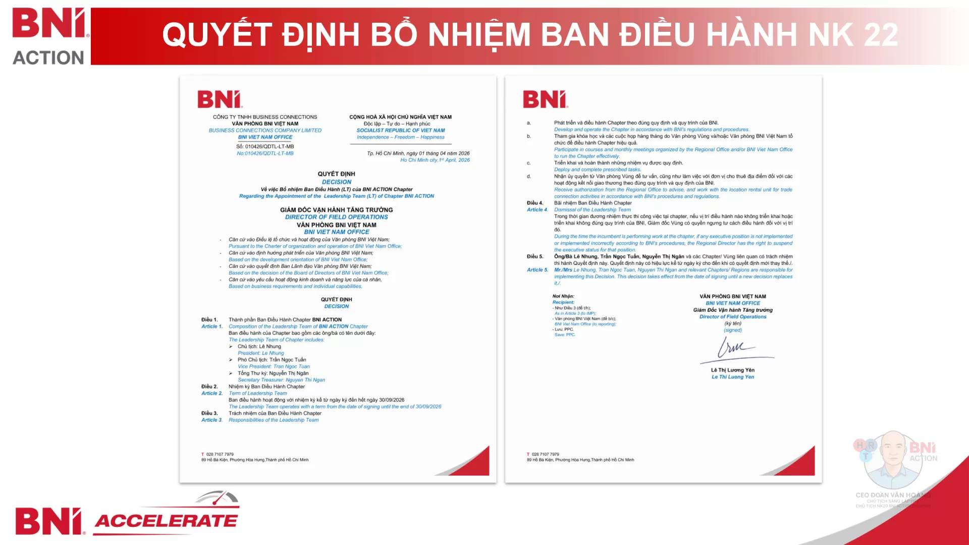 Quyết Định Bổ Nhiệm Ban Điều Hành Nhiệm Kỳ 22