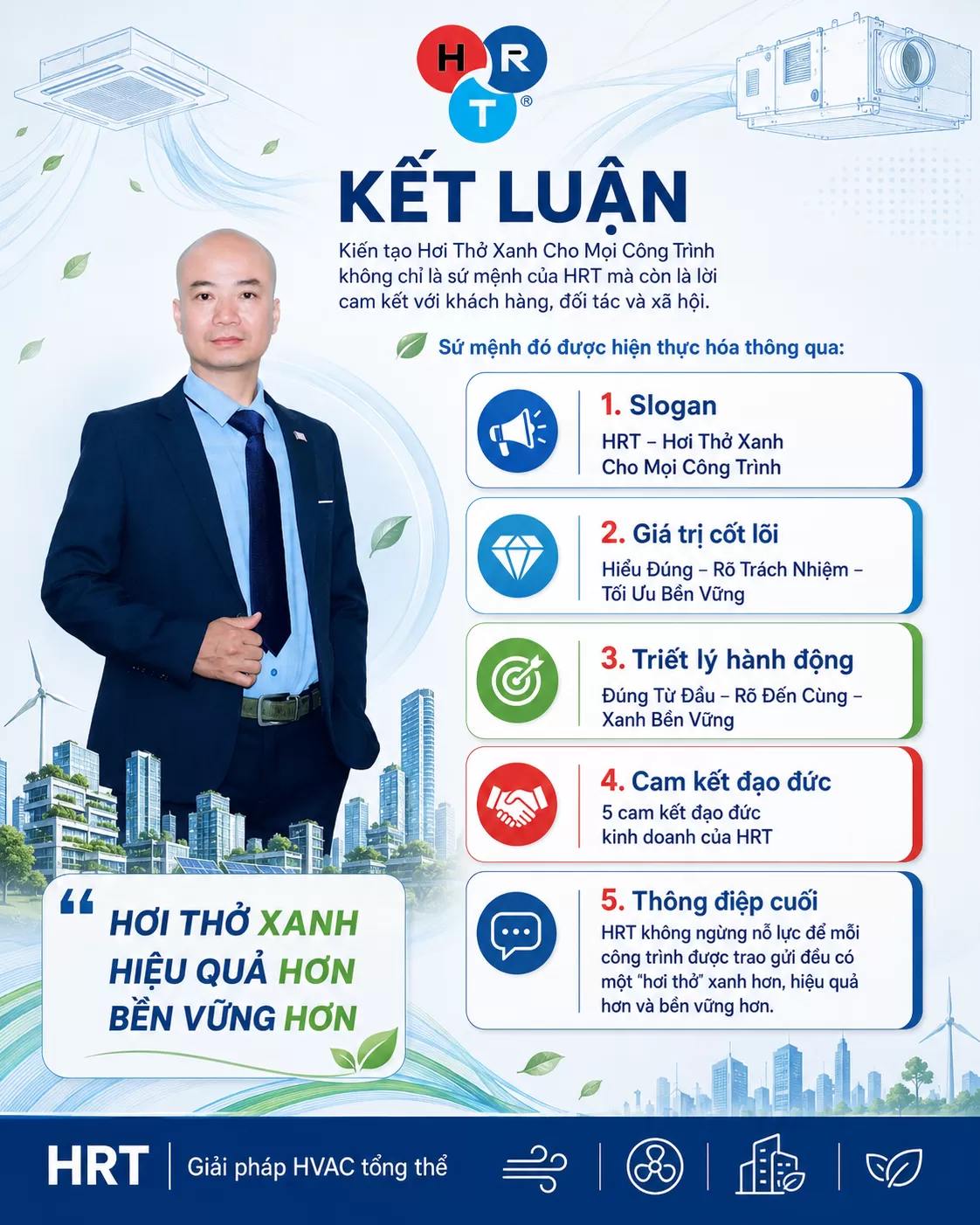 Kiến tạo Hơi Thở Xanh Cho Mọi C&ocirc;ng Tr&igrave;nh kh&ocirc;ng chỉ l&agrave; sứ mệnh của HRT m&agrave; c&ograve;n l&agrave; lời cam kết với kh&aacute;ch h&agrave;ng, đối t&aacute;c v&agrave; x&atilde; hội.