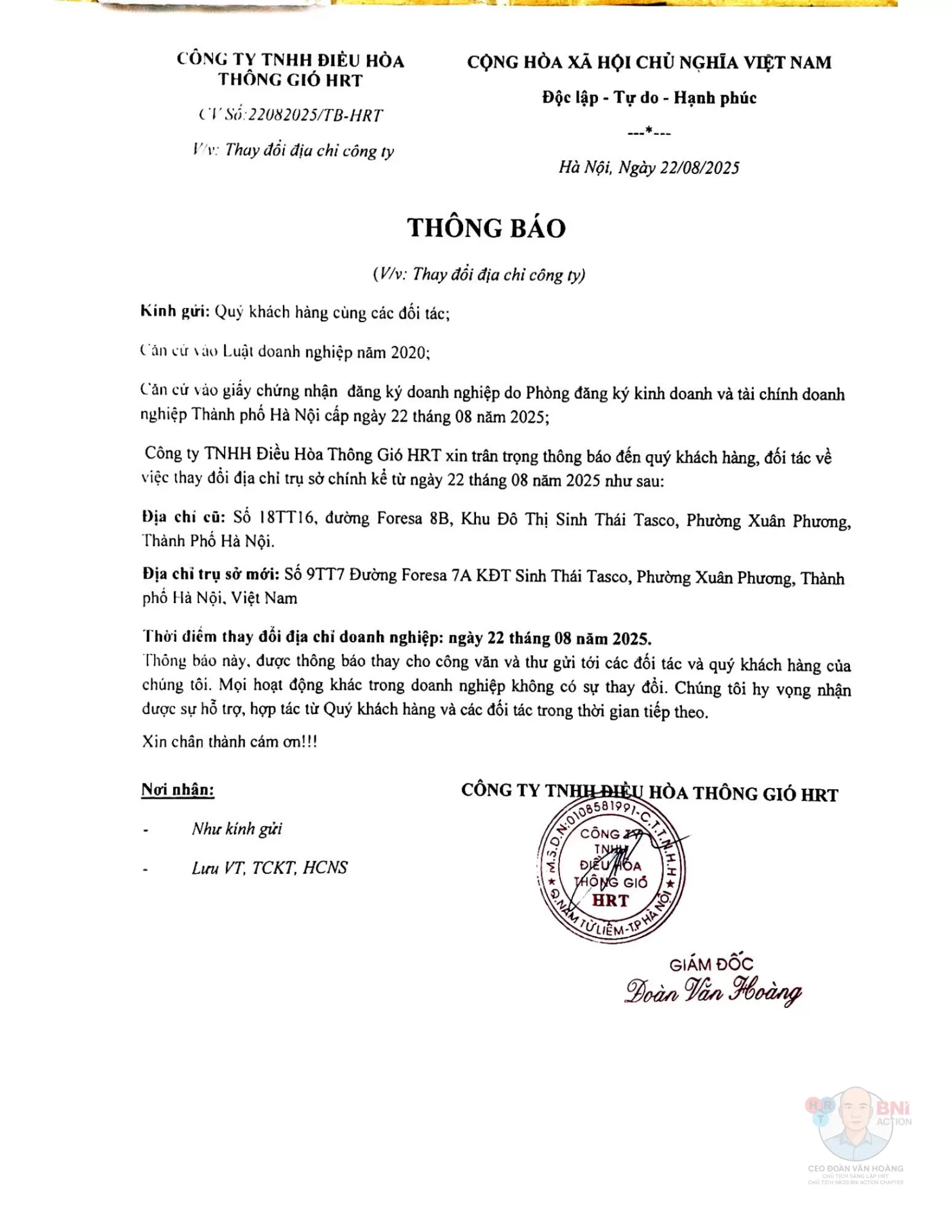 Công Ty Điều Hòa Thông Gió HRT chính thức thay đổi địa chỉ trụ sở từ 22/08/2025, nâng cao hiệu quả phục vụ khách hàng và đối tác
