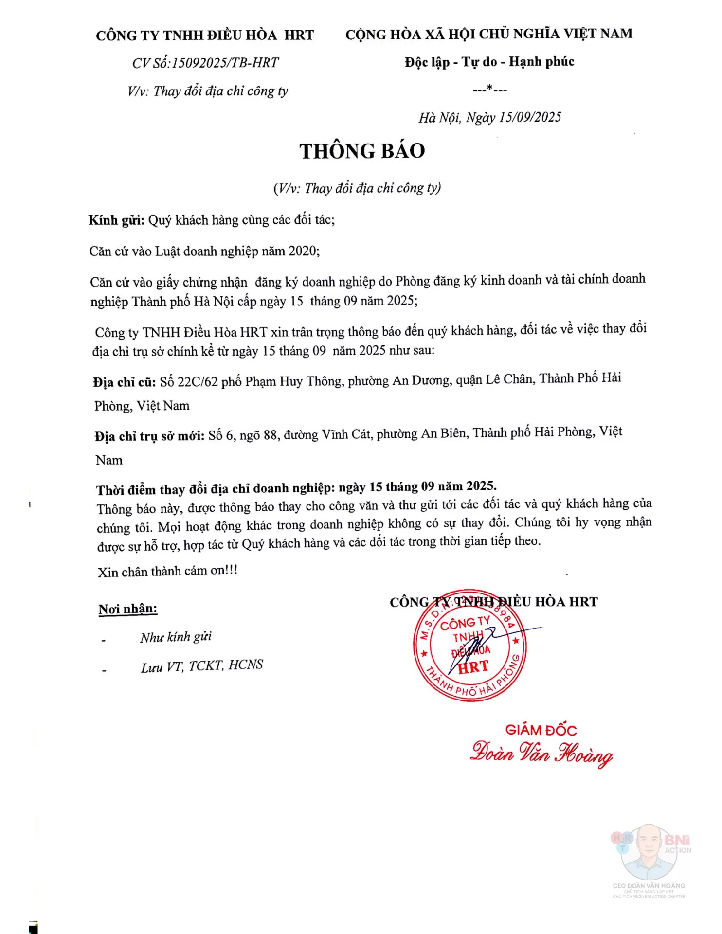 Thông Báo Thay Đổi Địa Chỉ Công Ty HRT Tại Hải Phòng