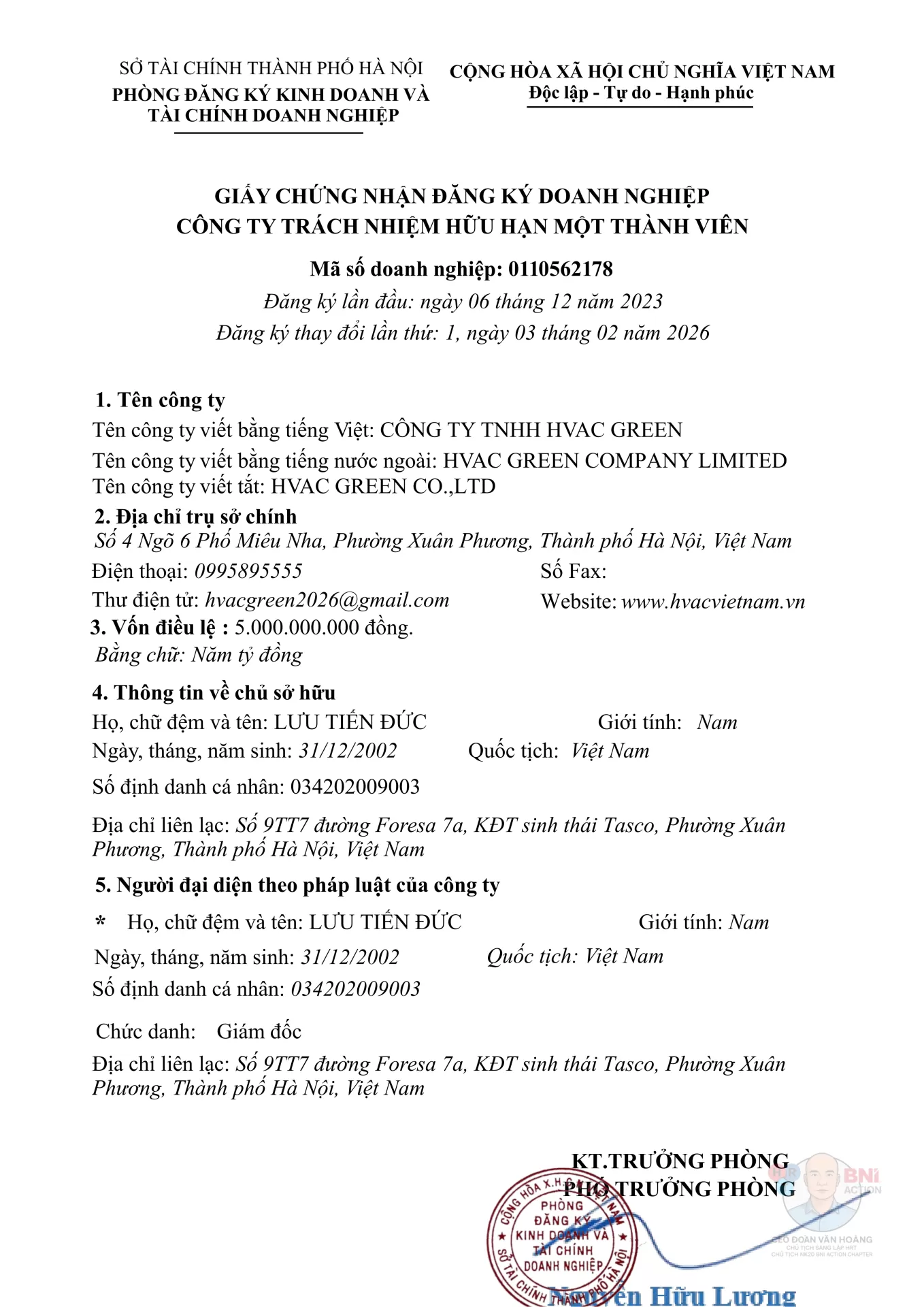 Th&ocirc;ng Tin Đăng K&yacute; Kinh Doanh HVAC GREEN