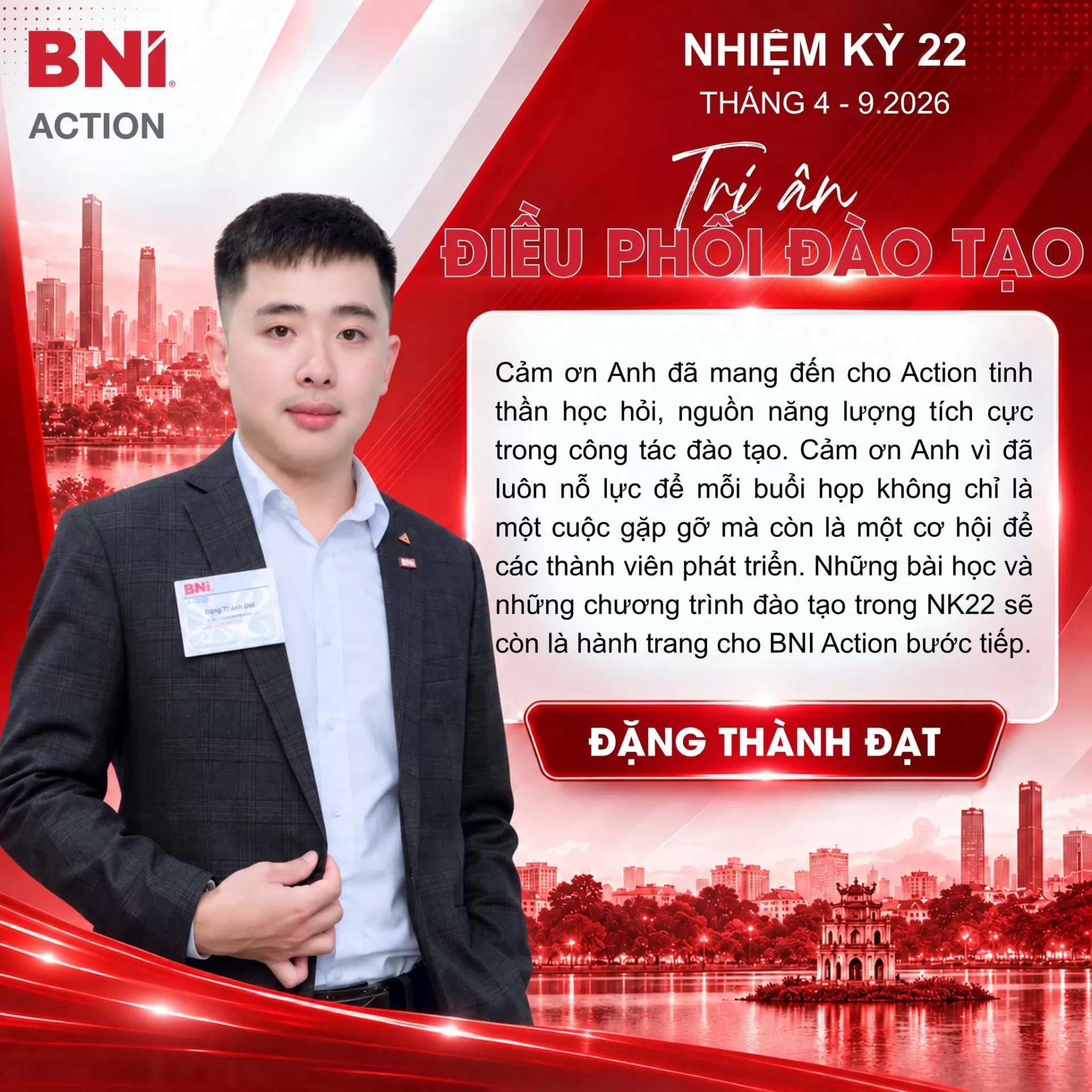 Tri ân Đặng Thành Đạt – Điều phối Đào tạo BNI Action NK22