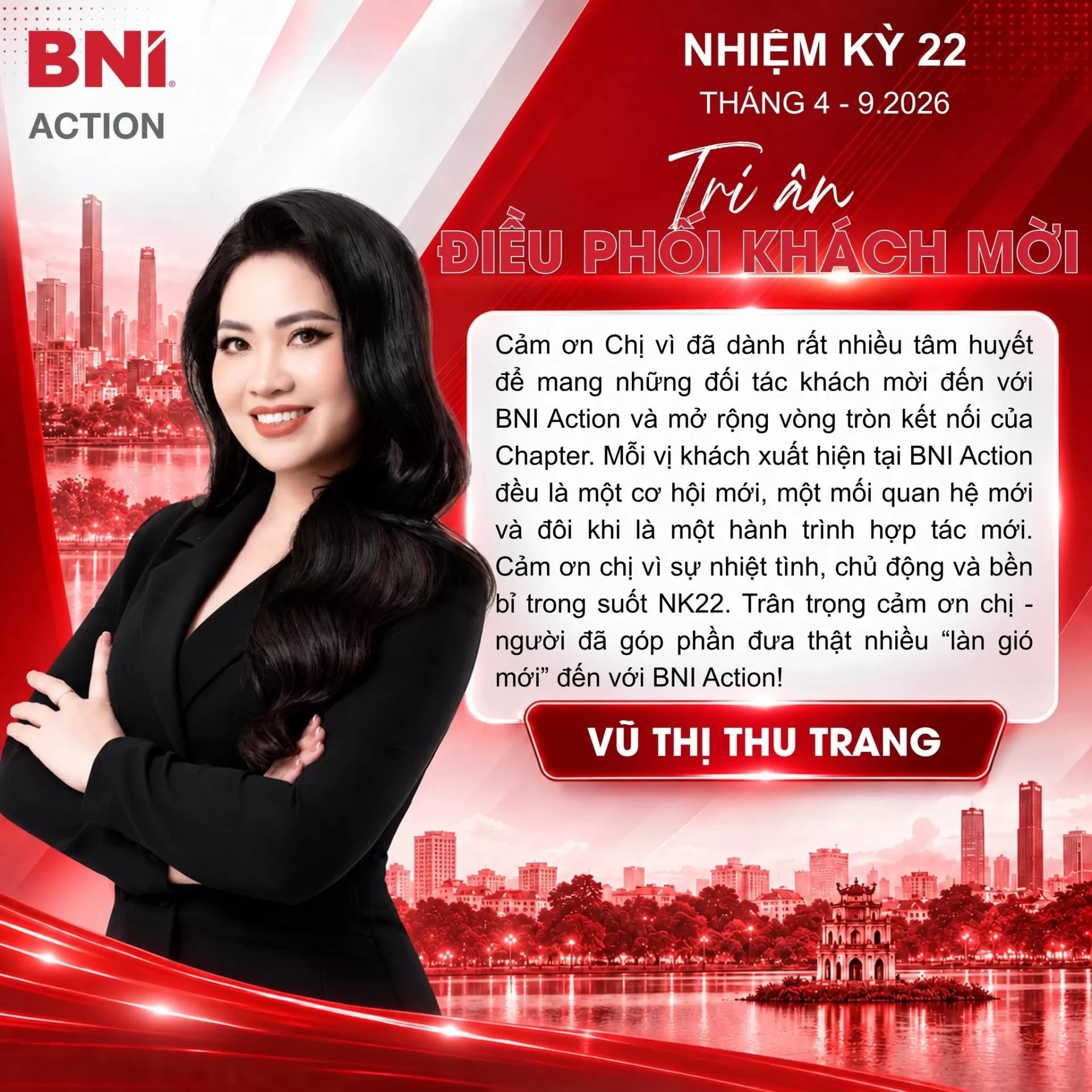 Tri ân Vũ Thị Thu Trang – Điều phối Khách mời BNI Action NK22