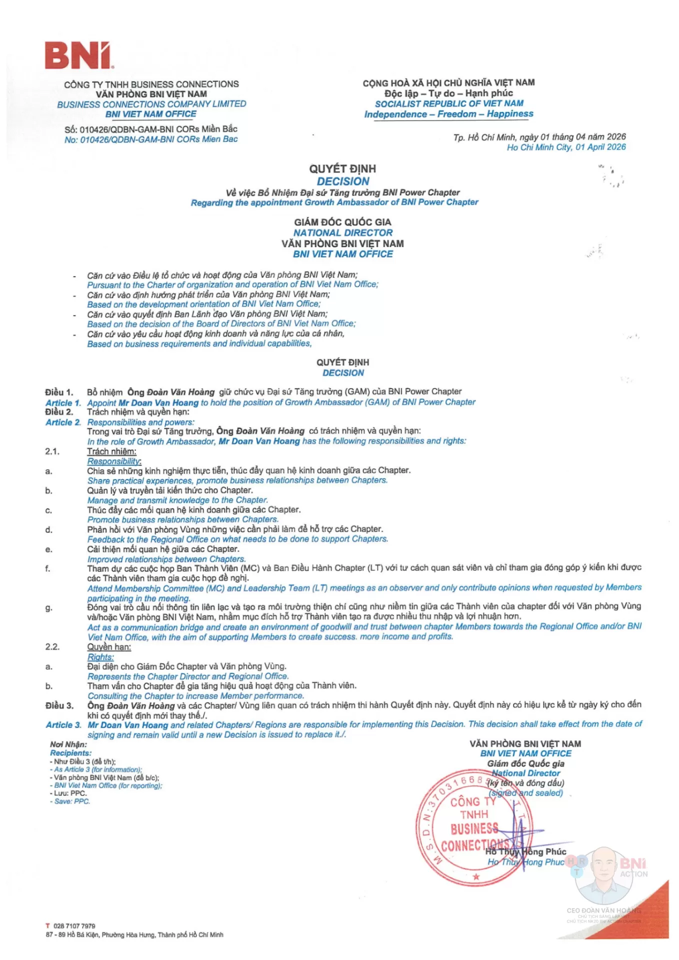 BNI Việt Nam Bổ Nhiệm CEO ĐOÀN VĂN HOÀNG Làm Đại Sứ Tăng Trưởng BNI Power Chapter